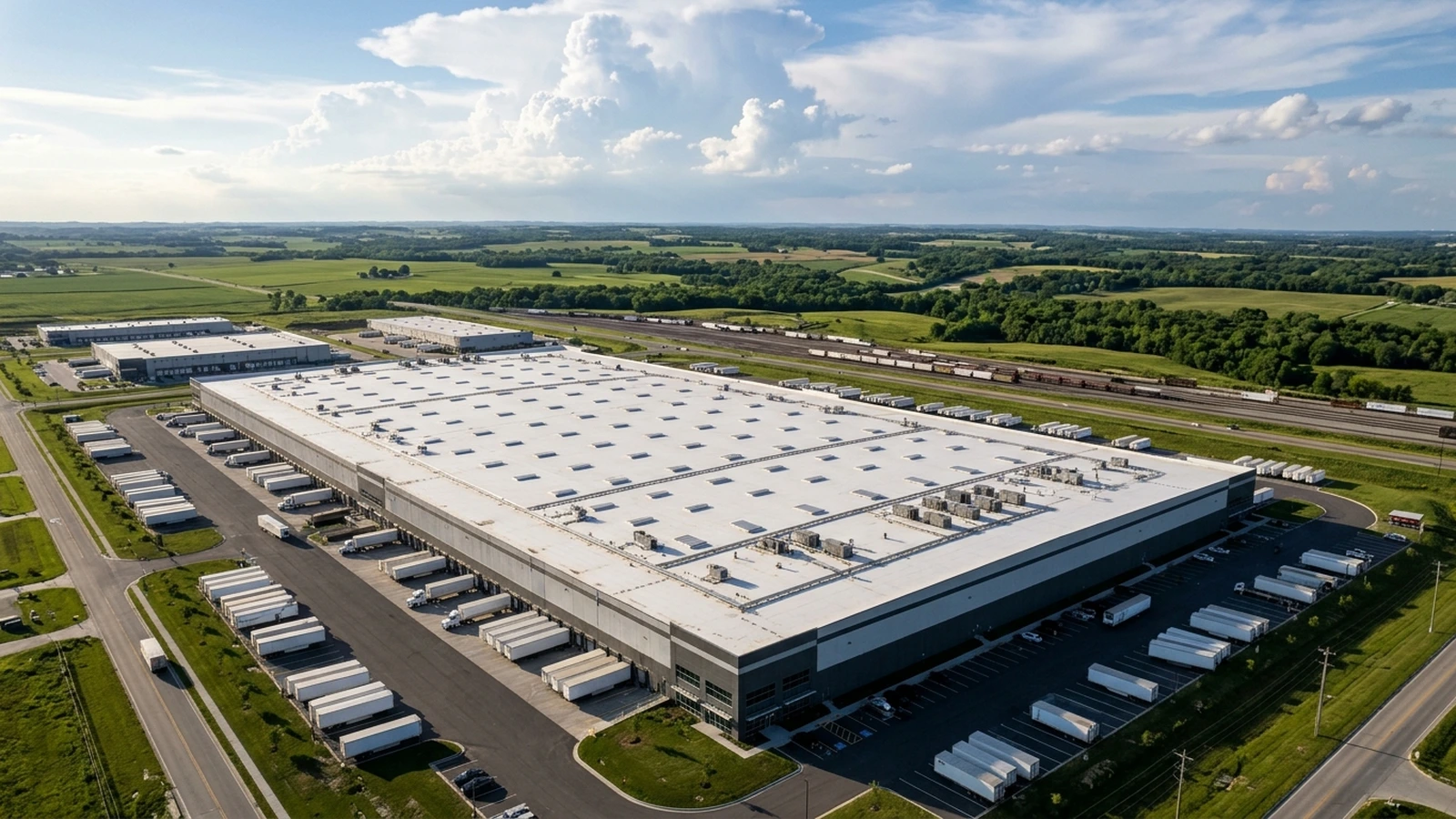Aerial view of an industrial flat-roof warehouse in Kansas City with skylights and solar array mounts